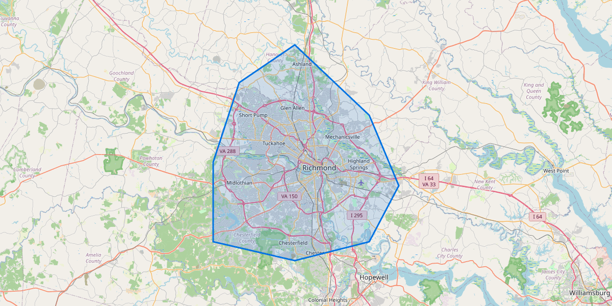 Map of the What's Up Washes mobile car detailing service area across the Richmond, Virginia metro — covering the City of Richmond, Henrico County, Chesterfield County, and Hanover County, including Short Pump, Glen Allen, Innsbrook, Mechanicsville, Ashland, Midlothian, Bon Air, Brandermill, Chester, Carytown, and surrounding neighborhoods.